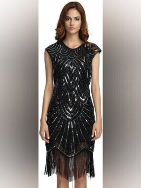 Women's Black Sequin Fringe Flapper Dress